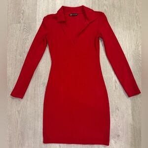 Red Zara long sleeve collared bodycon dress